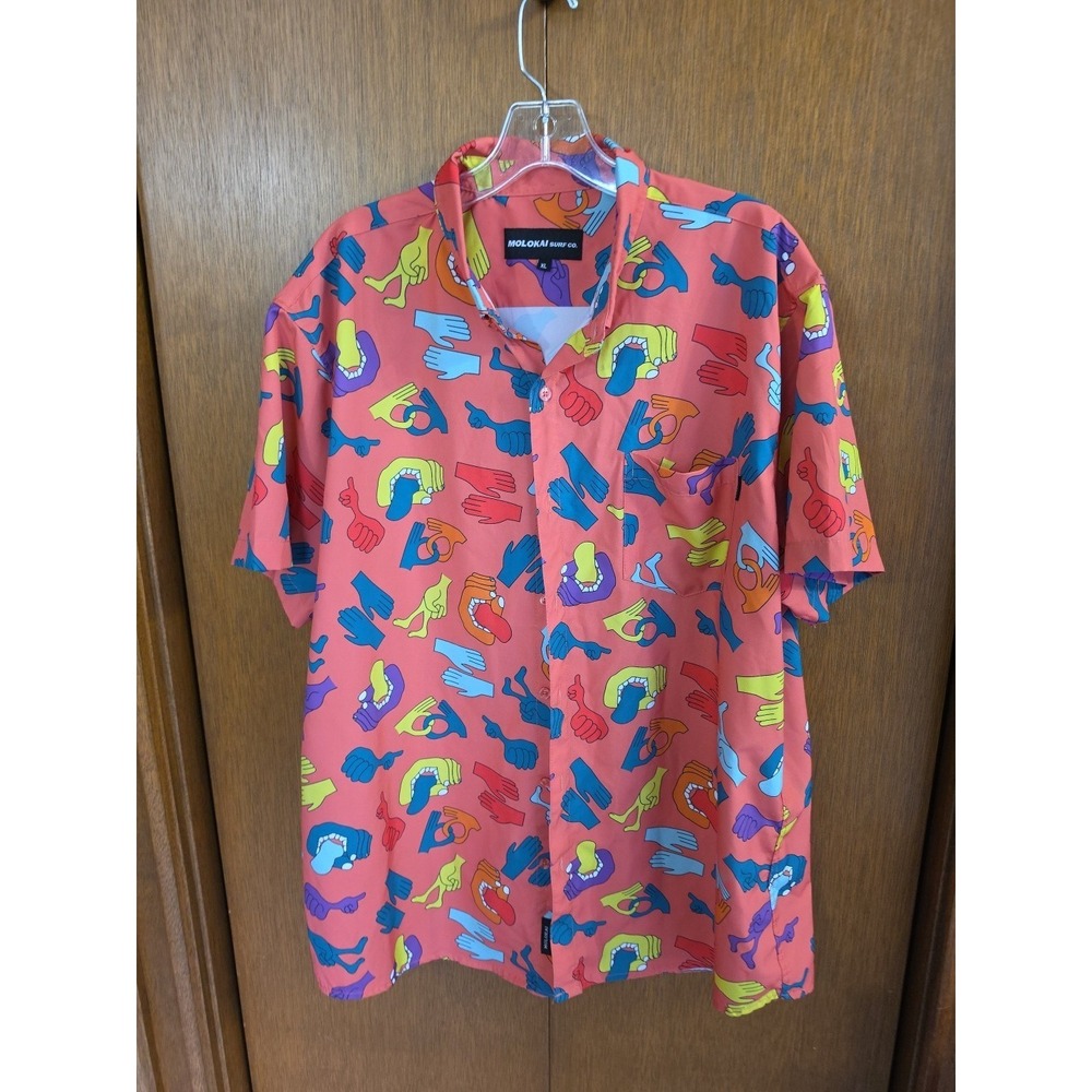 Molokai Surf Co.โ Men's All Over Hand Art Button up Shirt Stretch Size XL 90s